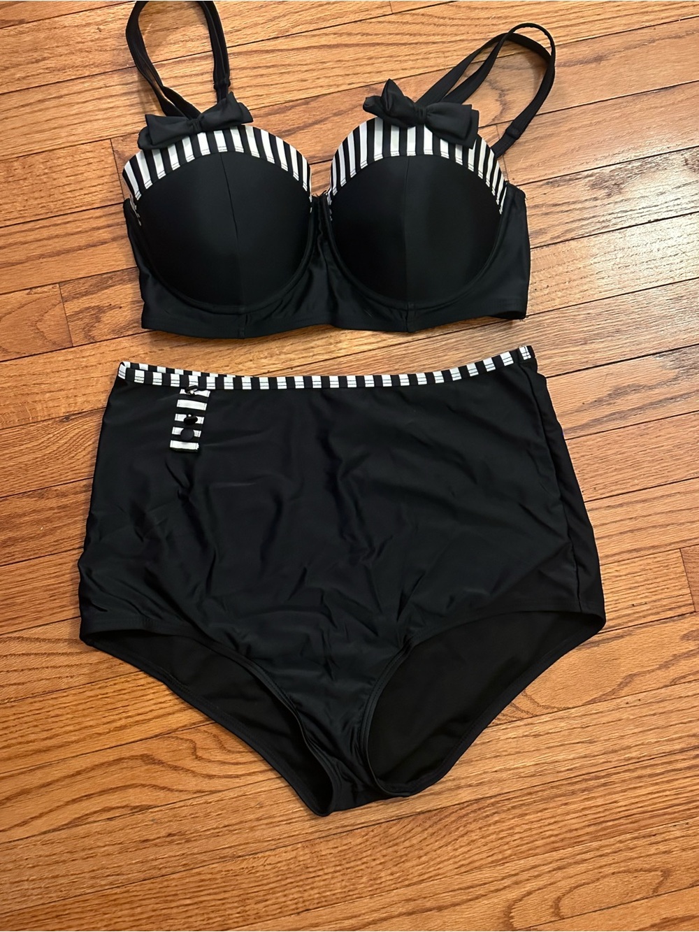 Unique Vintage Black Bikini Set with White Striped Trim